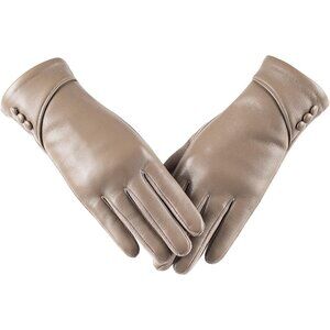 Women's Beige Winter Leather Touch Screen Wool Lined Windproof Warm Dress Gloves